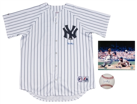 Lot of (3) Don Mattingly Signed New York Yankees Replica Home Jersey, Baseball & 8x10 Photo (Steiner)